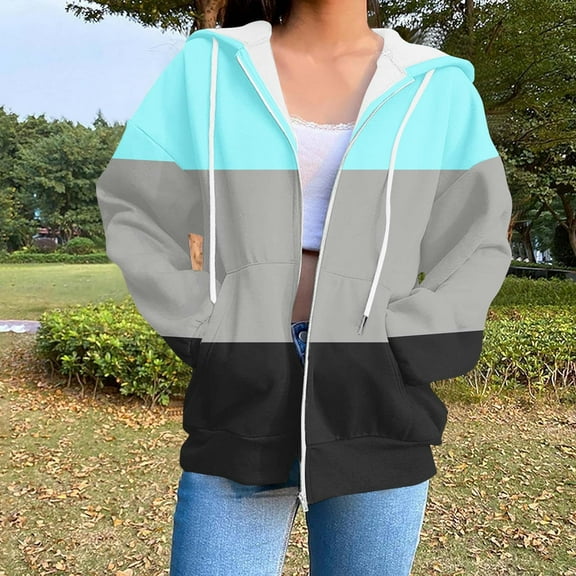AGWOLF Zip Up Hoodie For Women Casual Oversized Color Block Sweatshirts with Pocket Y2K Hooded Jackets Fall Fashion Clothes