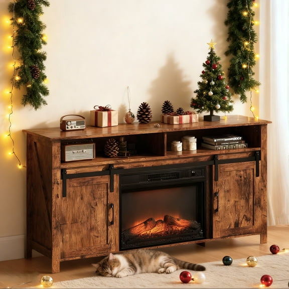 Ktaxon Rustic Brown TV Stand with Fireplace Heater, Modern Barn Doors Entertainment Center with Mantel for 65 inches TVs, 2 Slide Doors & Shelves Storage Cabinet for Living Room