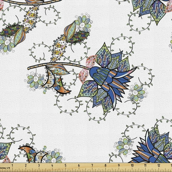 Floral Fabric by the Yard, Doodle Flowers Branches and Herbs Pattern in Hand Drawn Style on Plain Background, Decorative Upholstery Fabric for Chairs & Home Accents, Multicolor by Ambesonne