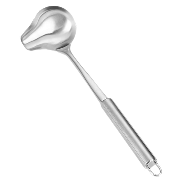GOOHOCHY Cucharón de metal con pico vertedor, cucharón de acero inoxidable para salsa, apto para lavavajillas, cucharón portátil para salsas, cucharón de sopa de pie multifuncional.