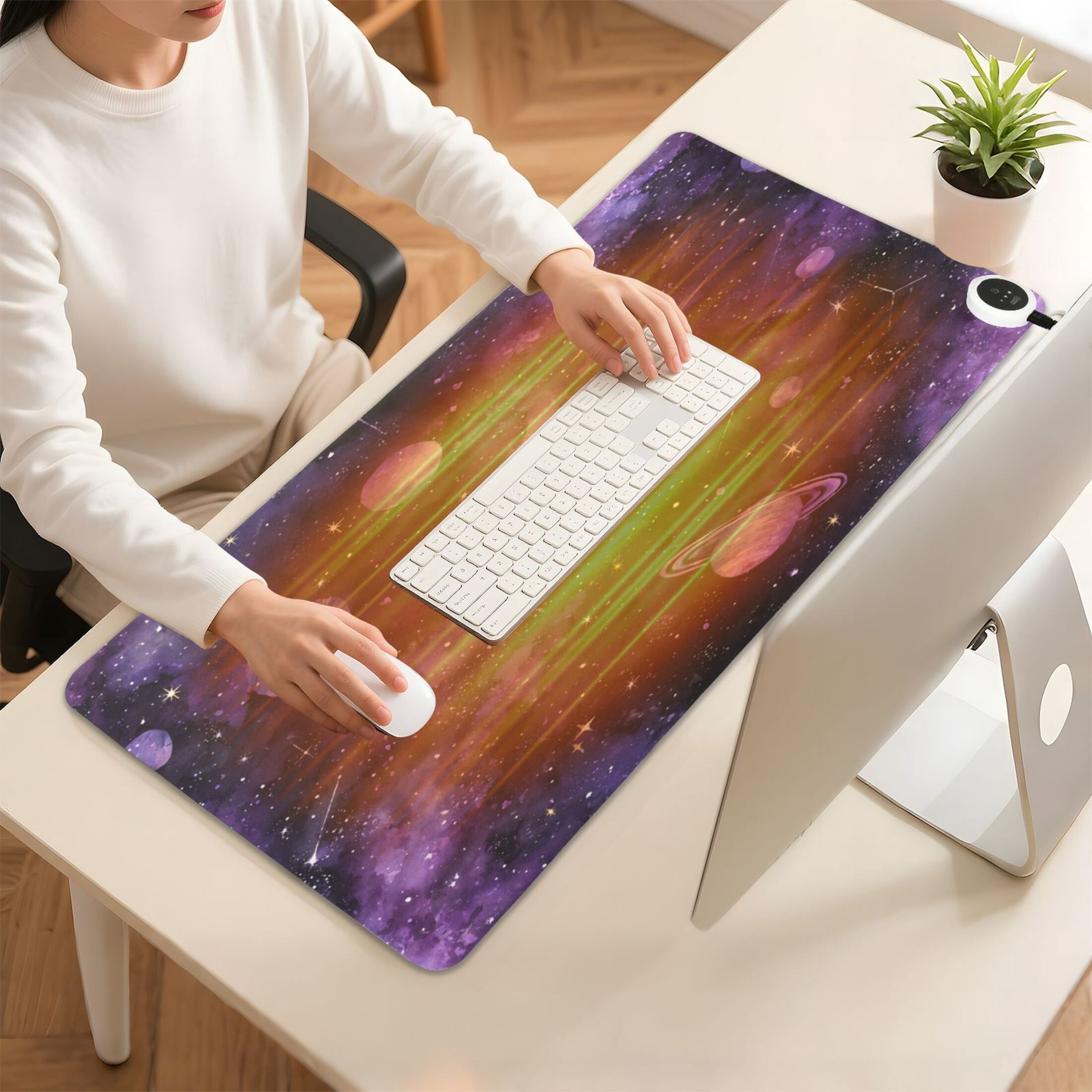 Large Heated Desk Mat Mouse Pad 31.5"x13"PU Leather Graphene Heating Desk Warmer with 3 Temperature Settings 110V US Plug Non-Slip Warm Pad for Home, Office, and Gaming Purple Galaxy Cosmic Whispers