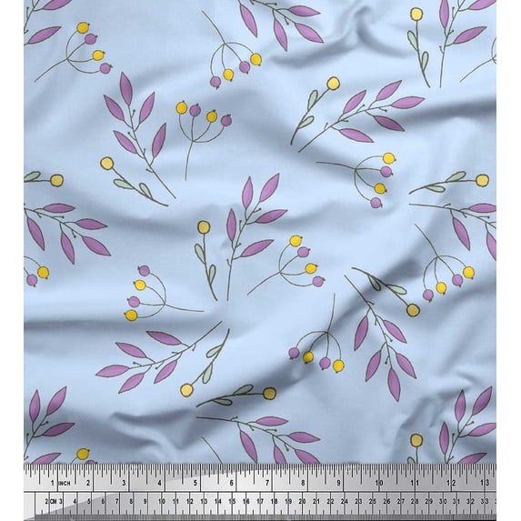 Soimoi Blue Georgette Viscose Fabric Berries Leaves Print Sewing Fabric Yard 42 Inch Wide