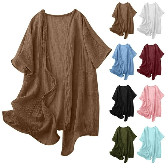 FRSASU Women's Open Front Solid Casual Long Sleeve Cotton Linen Classic Long Cardigan with Pockets White XL(XL)