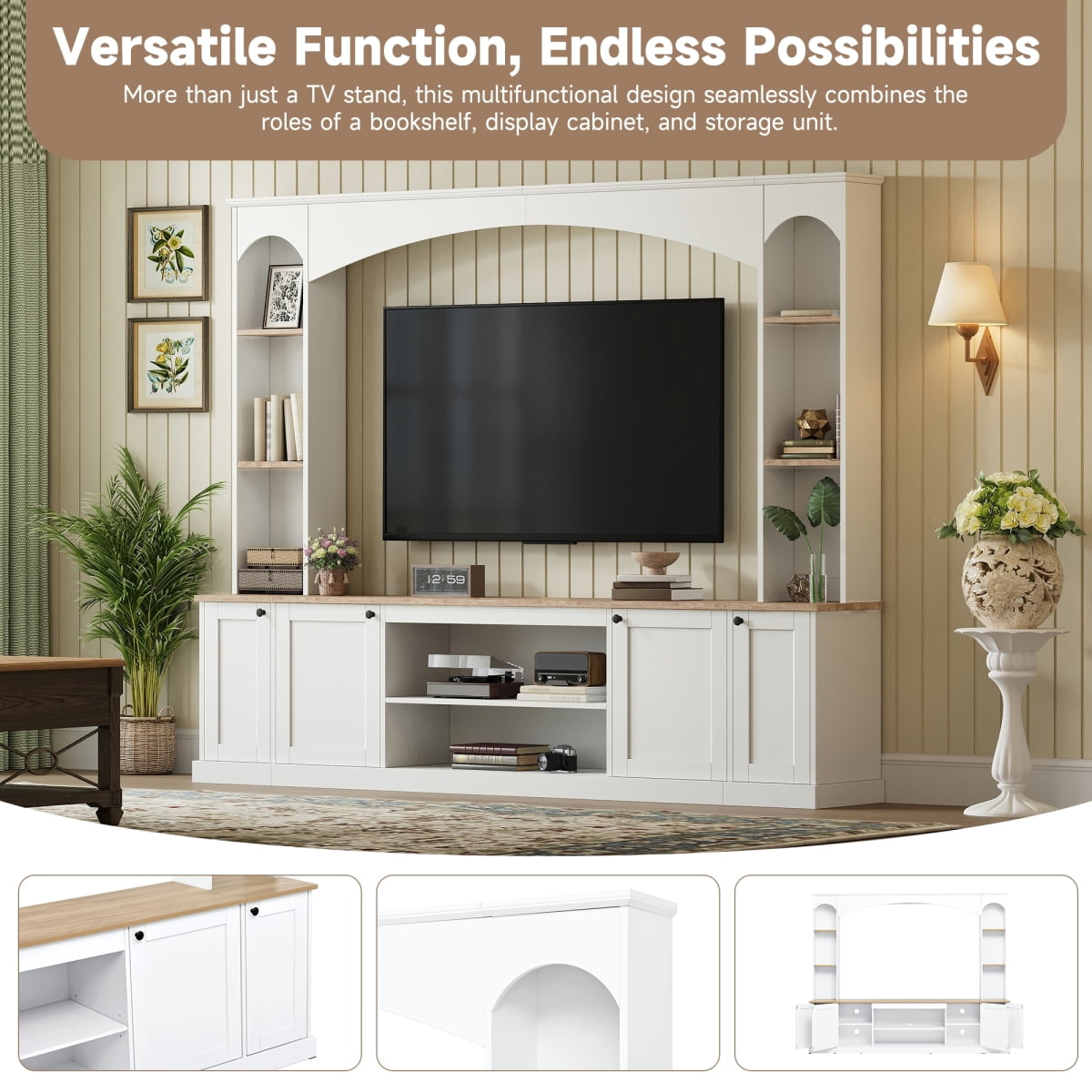 Luckynote Farmhouse TV Stand, Entertainment Center with Bookshelf, Arched Design Wood Grain for 70" TVs, 91 Inch Media Console with Adjustable Shelves, White