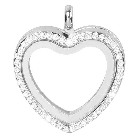 2 pc Alloy & Glass Floating Locket Pendants with Rhinestone and Magnet Heart Charm Platinum 35x30x7mm
