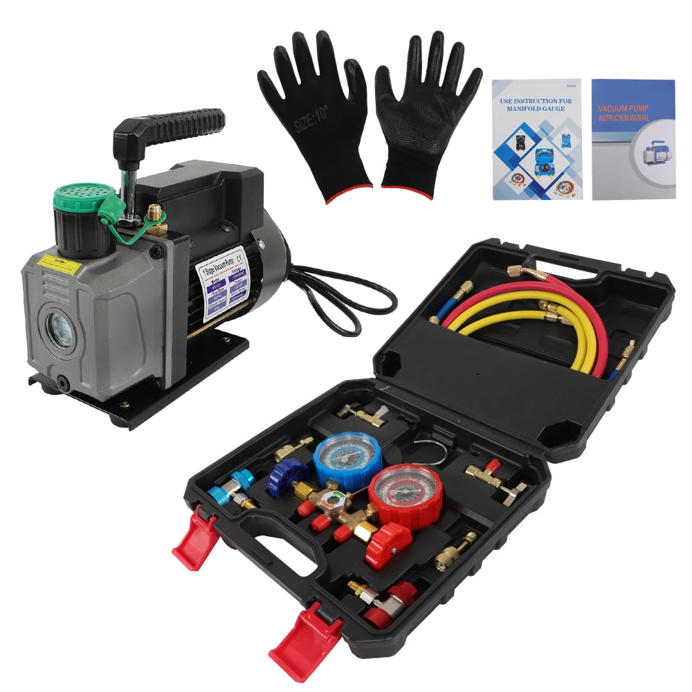Handdo Air Vacuum Pump MANIFOLD GAUGE Set 1/3HP 4CFM HVAC AC Refrigerant Kit