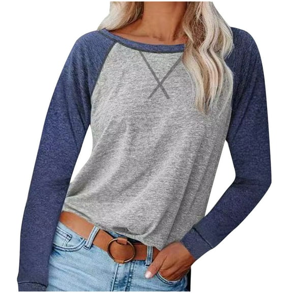 Abcnature Womens Crewneck Sweatshirts Solid Color Splicing Tunic Tops for Leggings Long Sleeve Sweaters Casual Loose T-Shirts Blouse Gray S