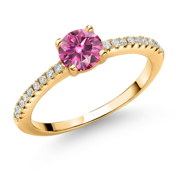 Gem Stone King 18K Yellow Gold Plated Silver Pink Moissanite and White Lab Grown Diamond Engagement Wedding Anniversary Ring for Women (0.59 Cttw, Round 5MM, Available in Size 5, 6, 7, 8, 9)