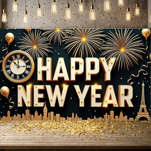 Golden Fireworks Happy New Year Banner Clock Design Festive Backdrop City Skyline Gold Balloons Holiday Background for New Year Party New Year Eve Celebration Holiday Gathering