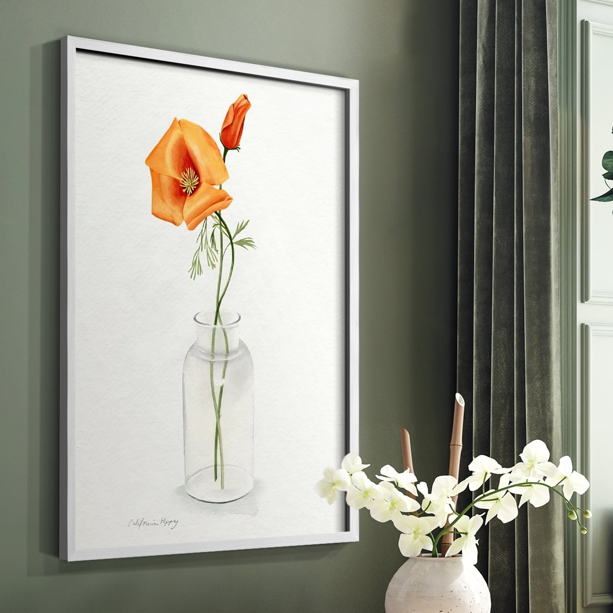 California Poppy Vase I Framed Print in White Solid Wood Framed Print No Nail Hanging