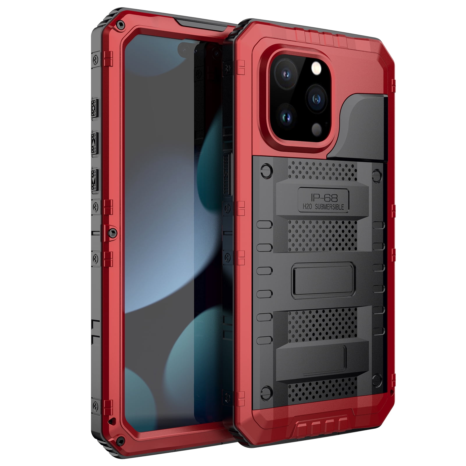 for iPhone 15 Pro Max Case, Military Grade IP68 Waterproof Dustproof Shockproof Full Body Sealed Underwater Case with Built-in Screen Protector Heavy Duty Metal Rugged Defender Phone Case,Red