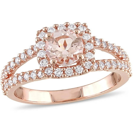 Tangelo 4/5 Carat T.G.W. Morganite and 1/2 Carat T.W. Diamond 14kt Rose Gold Split Shank Halo Engagement Ring