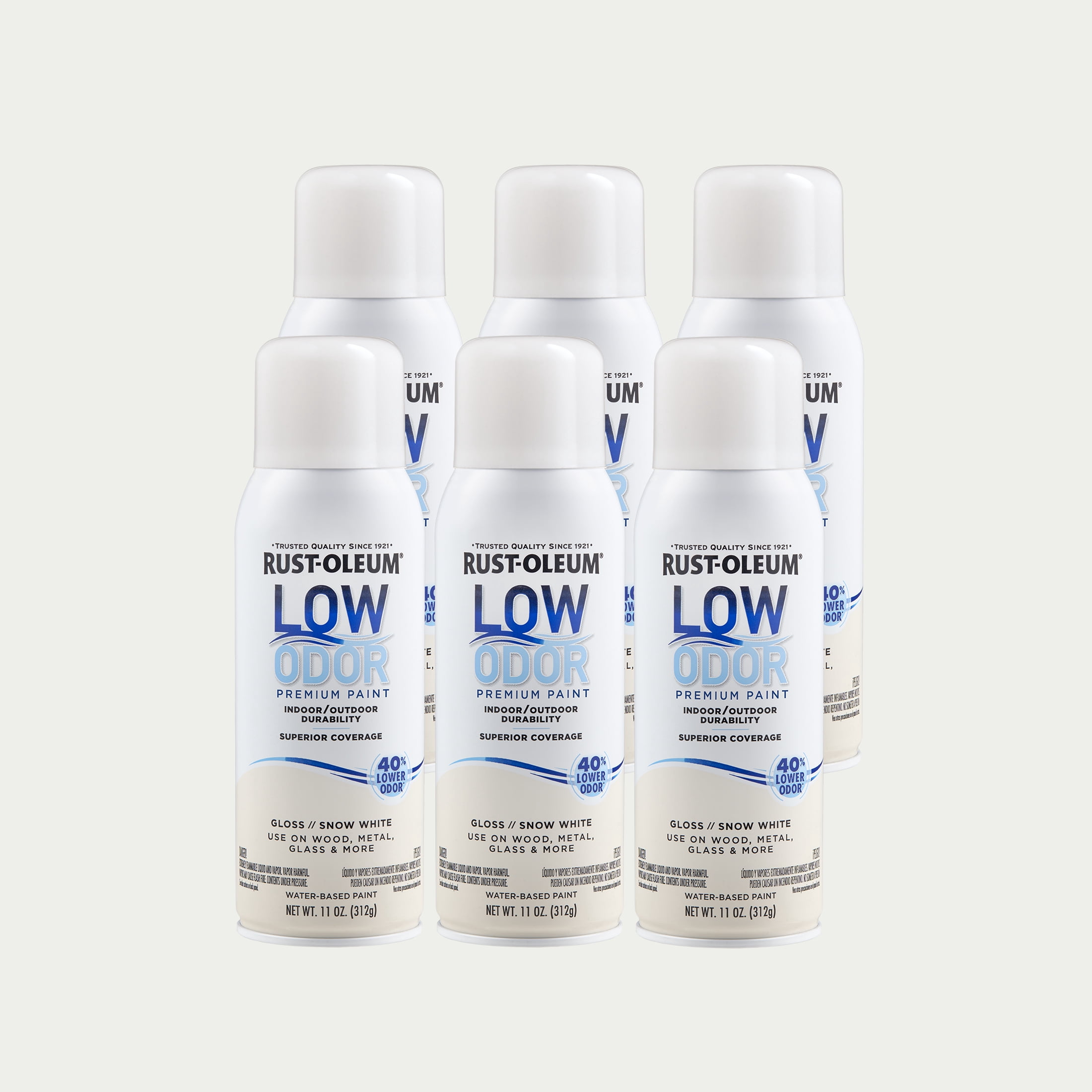 6 Pack, Snow White, Rust-Oleum Low Odor Premium Gloss Spray Paint-388274, 11 oz