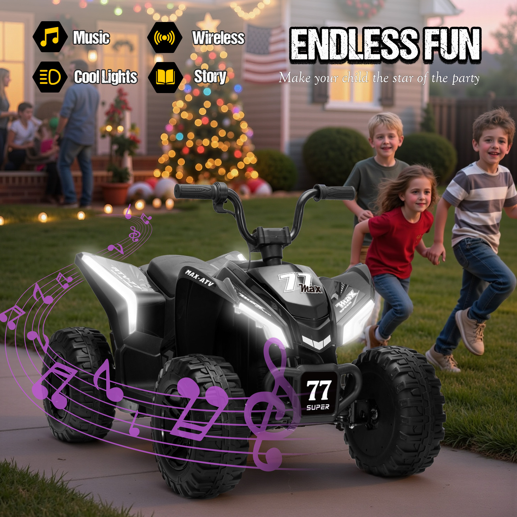 Kids ATV 4 Wheeler, Two Seater 24V Ride On Toy for Big Kid w/Unique LED Light, Music, Wireless, Story, 24 Volt Ride on Car Electric Quad for Boys Girls, Black