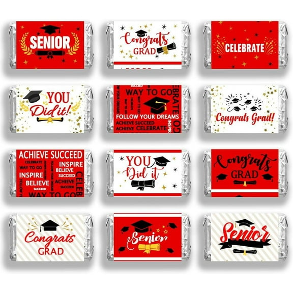 120 Pcs Graduation Candy Bar Wrappers 1.4x2.6inch(3.5x6.6cm) 6 Styles Red White Chocolate Bar Label Stickers Mini Candy Bar Wrappers for Celebration Party Decor (No Candy) for DIY