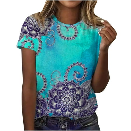 

Workout Tops for Women Going Out Tops for Women Women s Casual Loose Floral Print Crewneck Printed Short Sleeve T-Shirt Tops Western Shirts for Women Summer Savings Workout Shirts Blue S