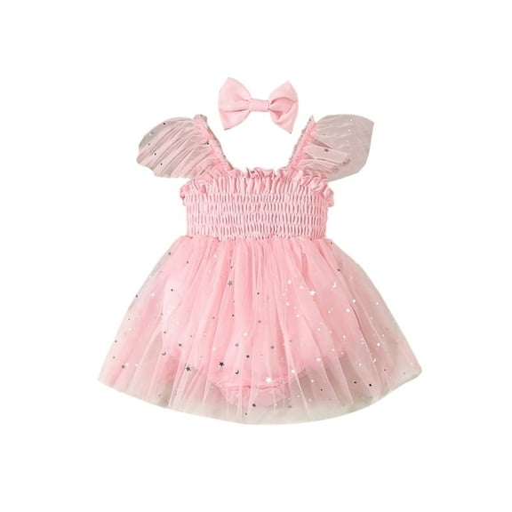 GYRATEDREAM Infant Baby Girls' One-Piece Rompers Dress Shiny Stars Mesh Short Fly Sleeve Jumpsuits Tutu Princess Casual Dresses Outfits for 0-18M