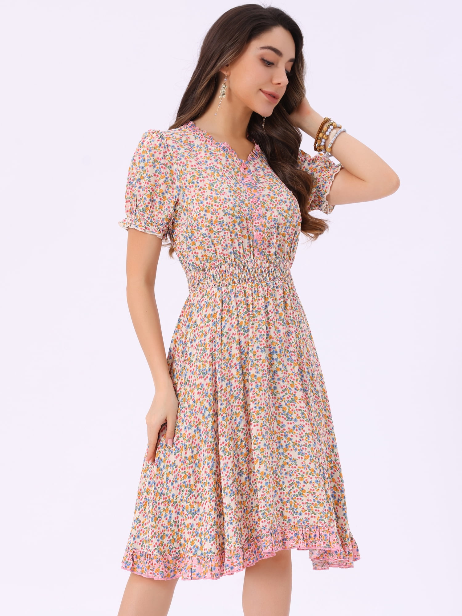 DARING DIVA Floral Ruffle Neck Smocked Waist Dress L Beige