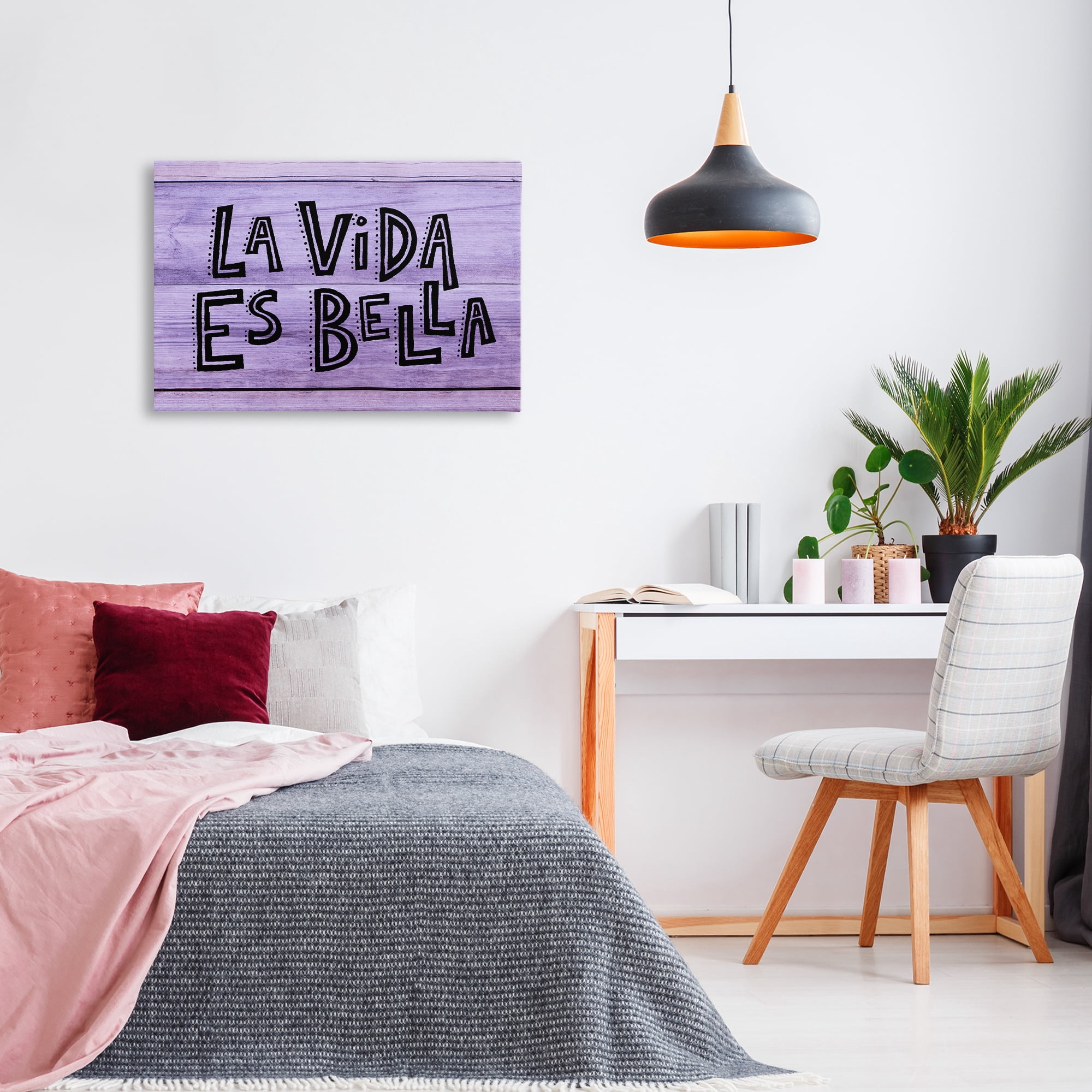 Stupell Industries La Vida es Bella Púrpura Inspirational Quotes & Sayings Painting Wrapped Canvas Art Print Wall Art, 30 x 20