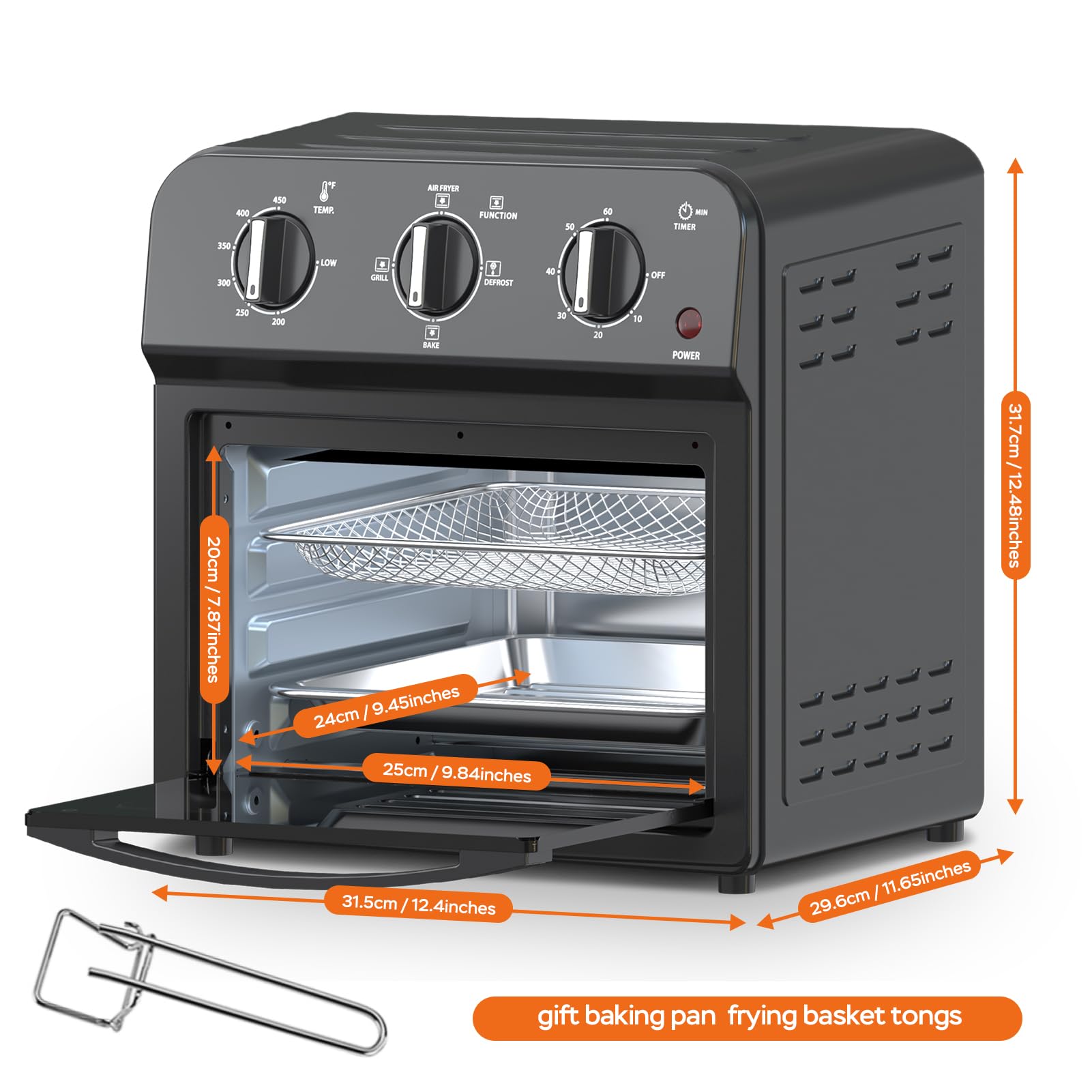 PlumChef 13 Quart 4 Slices Air Fryer Convection Toaster Oven, 1500W, Multifunction Oven forAir Fryer, Gril, Defrost, Bake, Time and Temperature Controls,Black