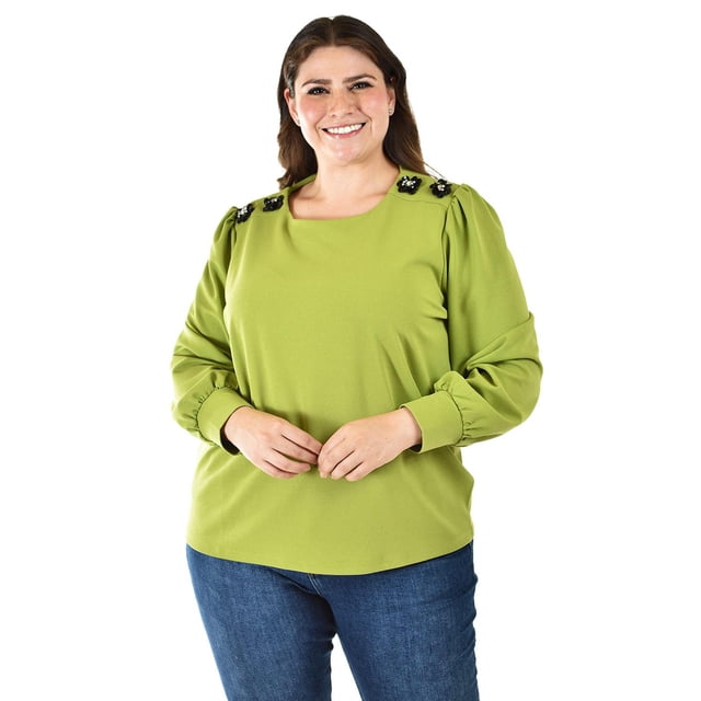 Blusa Con detalle de flor en hombro Roman Fashion, Tallas Extras, 5106 Verde, Talla 38