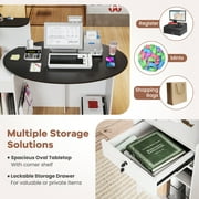 Topbuy Modern Reception Desk Front Counter Desk with Oval Tabletop Lockable Drawer & Adjustable Shelf White
