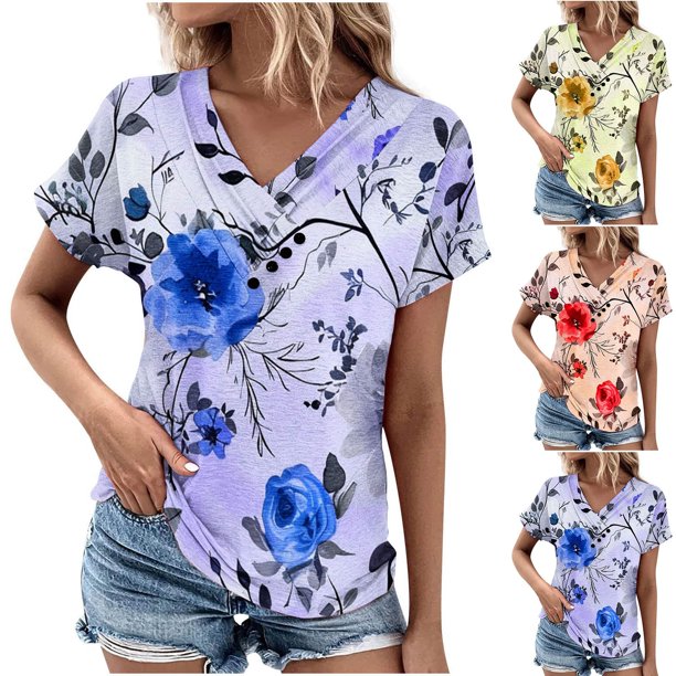 Fiudx Liquidación de Ofertas Flash Top Informal de Primavera y Verano de Manga Corta con Cuello En V para Mujer