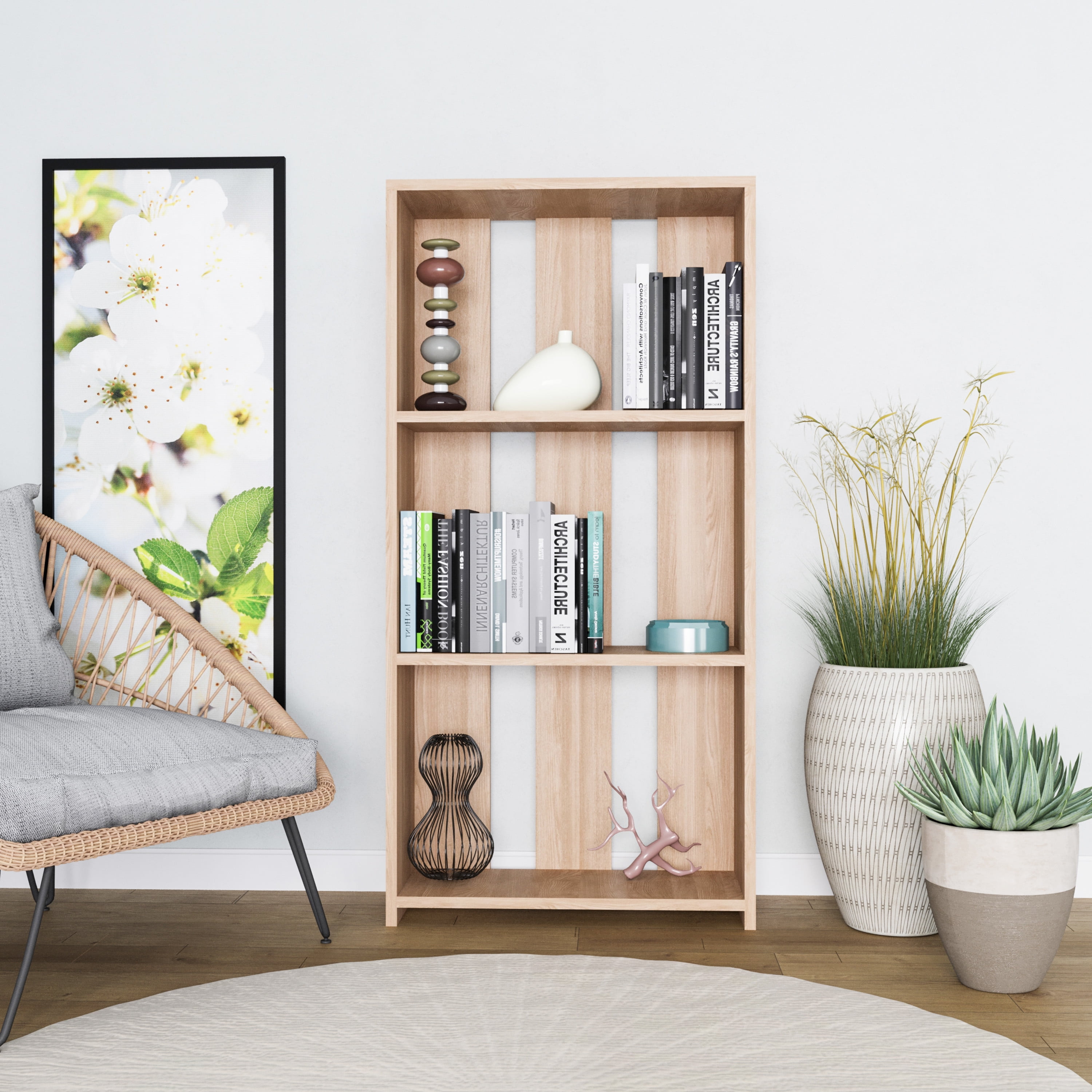 Ada Home Decor Parnell 3 Tier Open Shelf Modern Bookcase, Oak