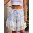 thumbnail image 4 of Shorts bombachos para mujer hasta la rodilla con estampado floral, cintura elástica con cordón ajustable, ribete de encaje y patchwork. Shorts casuales coquetos., 4 of 9