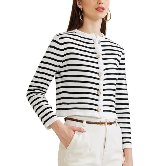 INSPIRE CHIC Knit Cardigans for Women Button Down Round Stripes Neck Striped Cardigan Sweaters S White Black