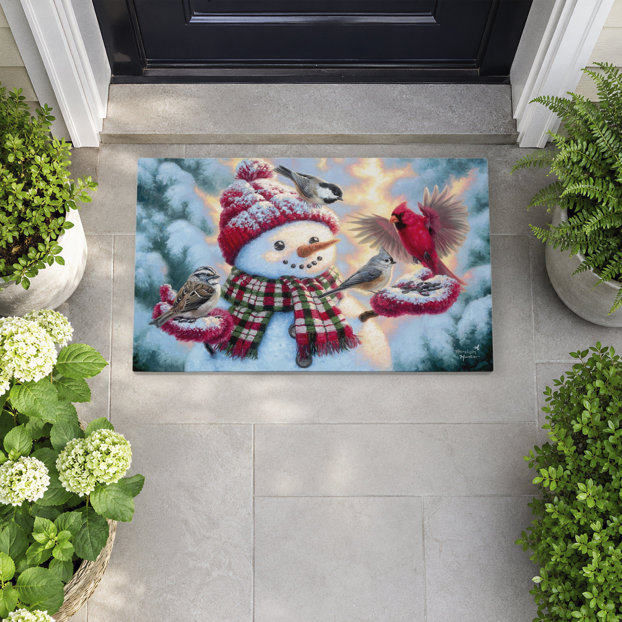 Stupell Industries Happy Snowman with Landing Birds Printed Outdoor Door Floor Mat, design by Abraham Hunter