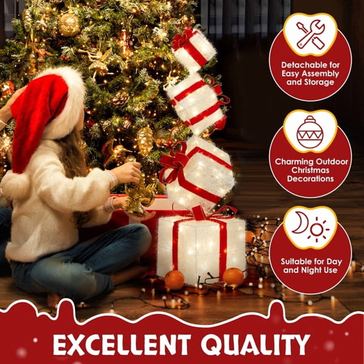 Lighted Christmas Gift Box Tower - 80 Warm White LEDs, Weather-Resistant Metal Frame, Indoor/Outdoor Holiday Decor for Tree, Porch, Yard