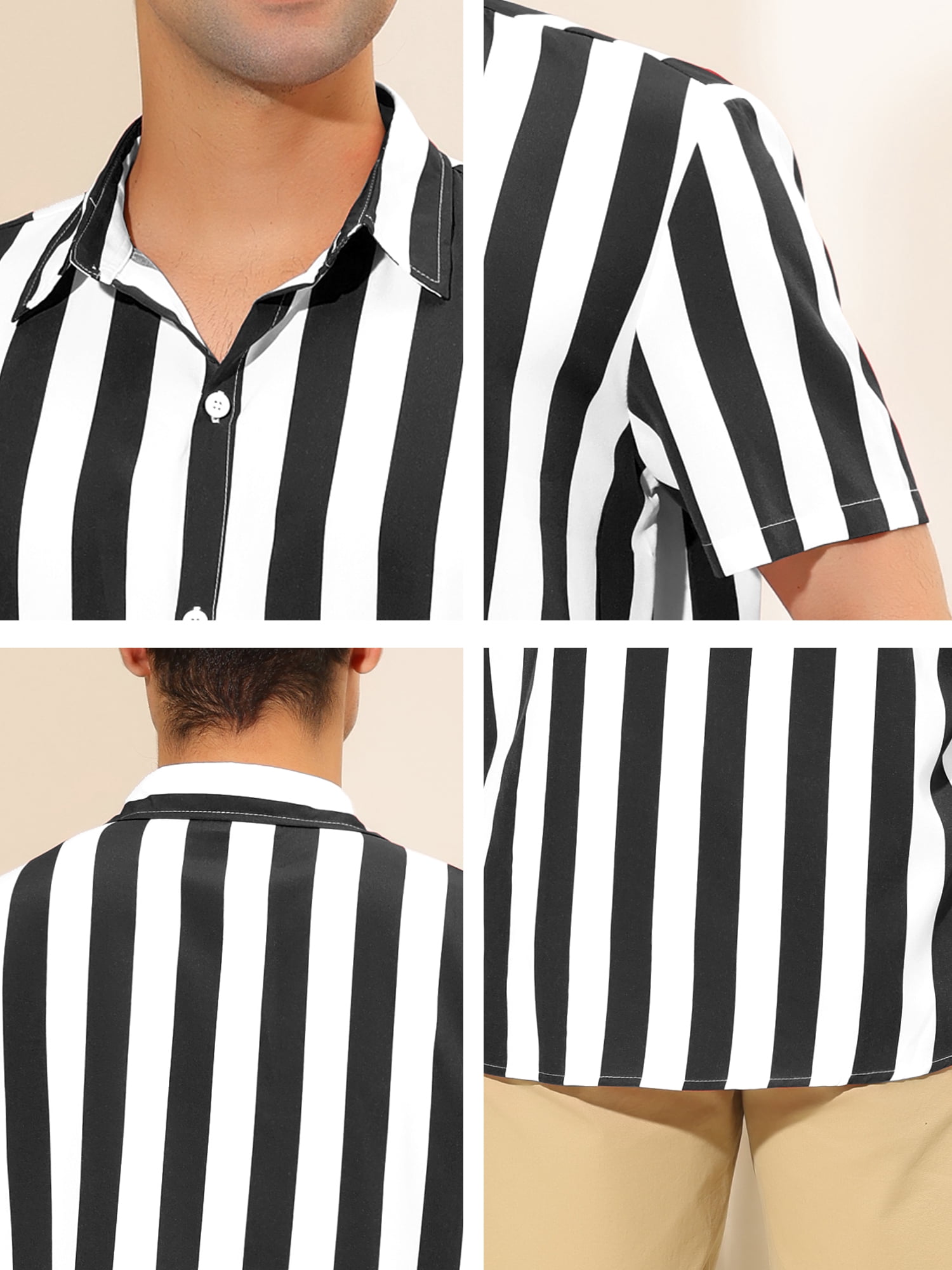 Unique Bargains Men's Short Sleeved Color Block Button Down Beach Stripe Shirt M Black