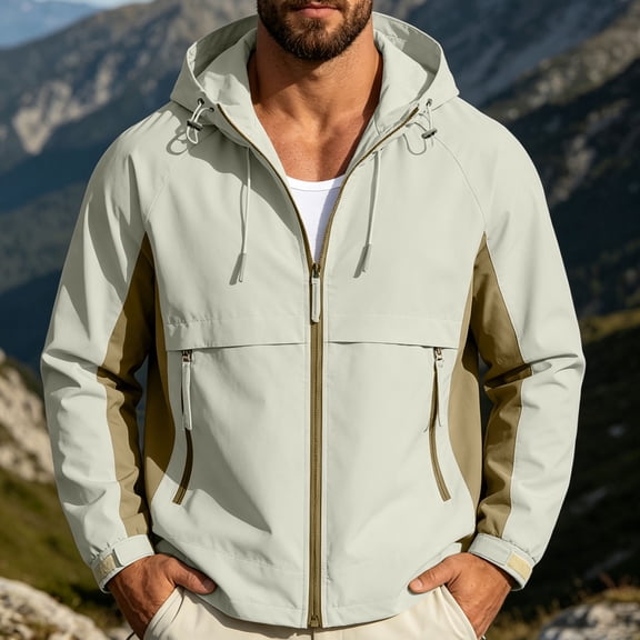 ECHFIPROM Heavyweight Rain Jackets for Men White Waterproof Hiking Hooded Full Zipper Hiking Outdoor Big and Talls Windbreaker Winter 2XL