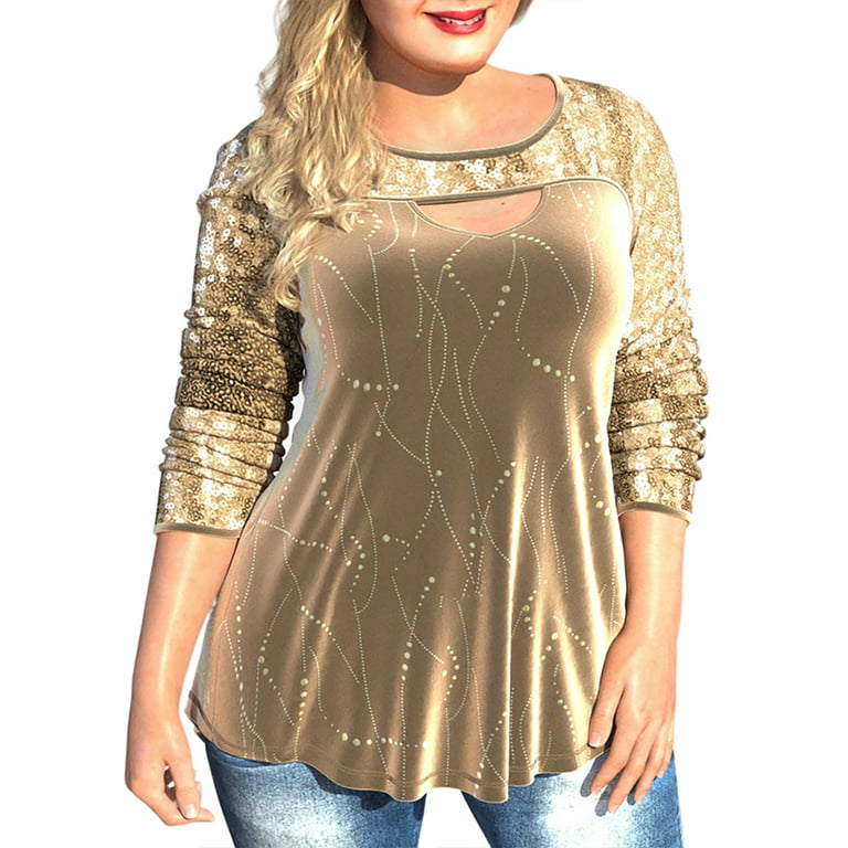FASHIONWT Women Round Neck Hollow Long-Sleeved Plus Size T-Shirt Slimming  Sequin Formal Dressy Tops 