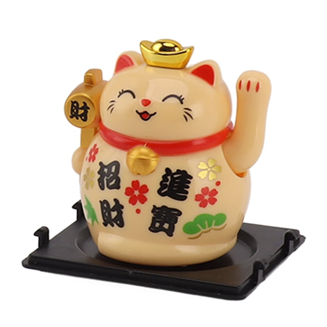 Cute Cat Fortune Ornament 2 Inch, Plastic, Auto Waving With Built In Solar Panel, Compact Size For Desk, Window, Car, Home Decor