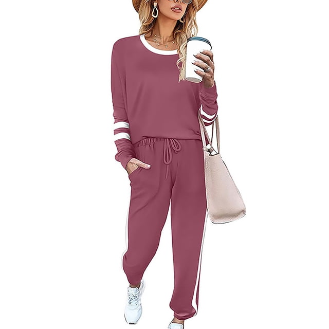 Innerwin Jogger Set Long Sleeve Ladies Sweatsuits Jogging Pullover Loungewear Two Piece Outfit Pink M