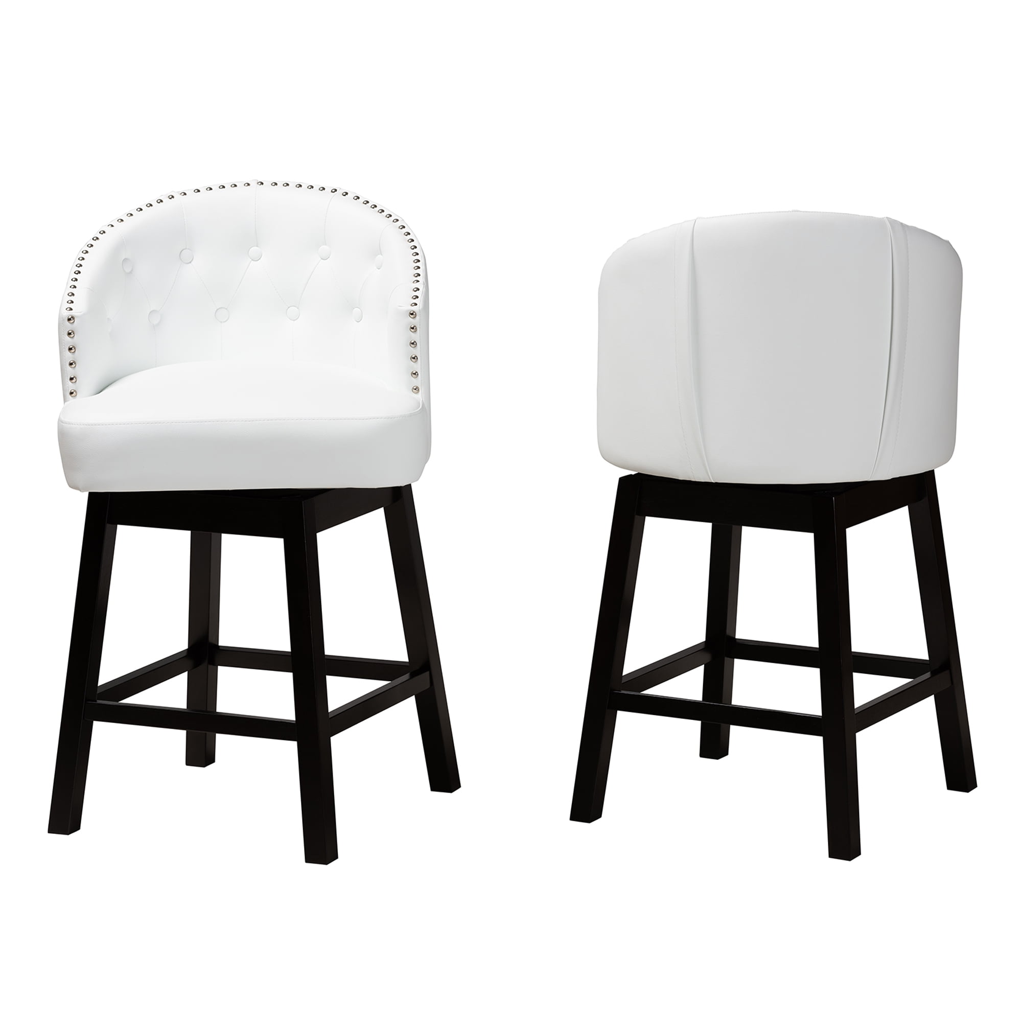 Baxton Studio Theron Mid-Century Transitional White Faux Leather and Espresso Brown Finished Wood 2-Piece Swivel Counter Stool Set