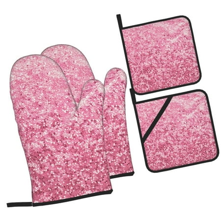 

Honeii Pink Glitter Pattern Oven Mitts and Pot Holders Silicone Oven Gloves 500 F Heat Resistant Oven Mitts Sets 4PCS