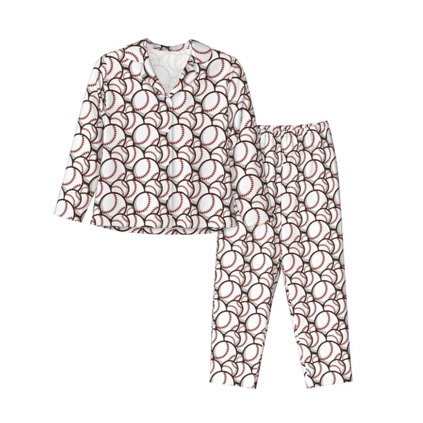Balery Cute Baseball Conjunto de Pijama con Estampado para Mujer, Conjunto de Dos Piezas con Manga Larga, Ropa de Dormir Suave con Bolsillos, Pijamas Cómodos-XX-Large