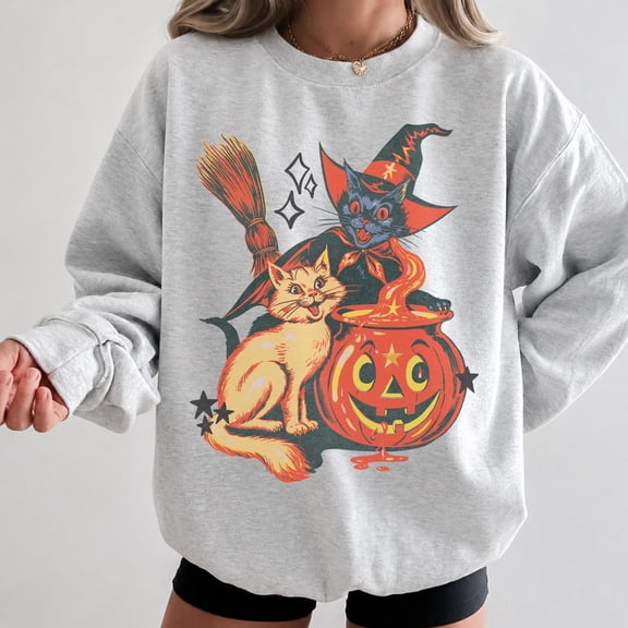 Vintage Halloween Sweatshirt, Retro 90s Halloween Cat Crewneck Trendy Fall Sweatshirt, Cute Pumpkin Crewneck Grandmillennial Halloween Sweater