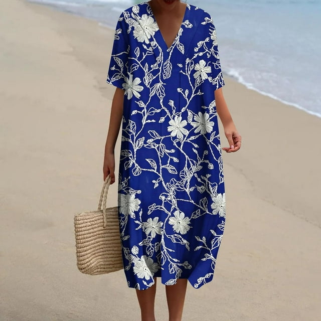 Staron Robes de Vacances pour Femmes 2025 Liquidation à Moins de 10 $ Manches Courtes Décontracté Ample Été Tunique à Imprimé Floral Robe d'Été Fluide Bohème Col en V Voyage Vacances Robes Midi