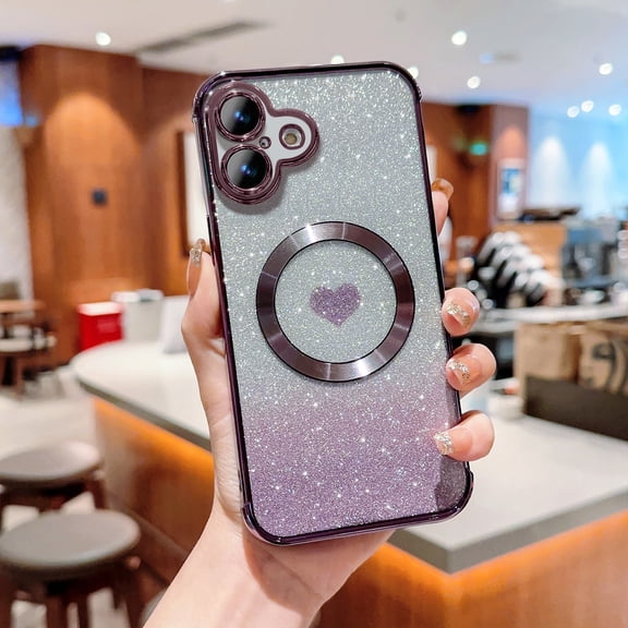 For iPhone 17 Case Glitter, Clear Magnetic Case with Luxury Love Heart Pattern [Compatible with MagSafe] Bling Sparkle Plating Soft Rubber Shockproof Gradient Color Cover,Darkpurple
