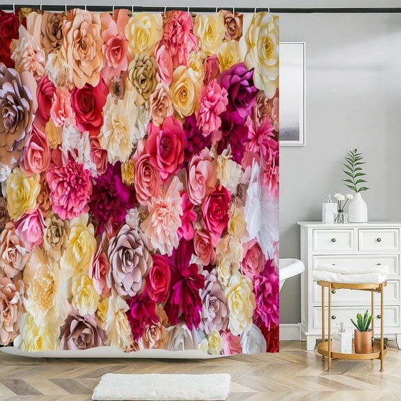 Floral Shower Curtain Colorful Pink Nature Flower Waterproof Bathroom Curtain for Bathtub Decoration with 180x200cm