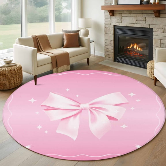 Round Area Rug 6 Ft, Valentine's Day Washable Non-Slip Circle Carpet for Living Room/Bedroom, Pink Bowknot Ribbon Modern Mother's Day Low-Profile Indoor Mats Collection Rugs for Residential