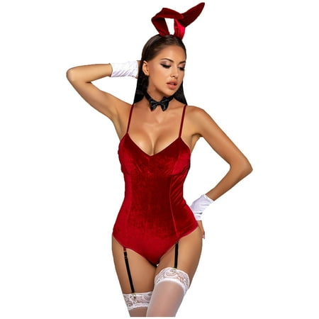 

kakina CMSX Clearance Womens Sexy Lingerie Bunny Girl Bodysuit Uniform Temptation Underwear Red Free Size