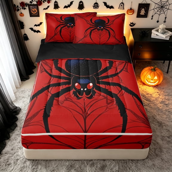 Erosebridal Spider Web Zipper Twin Comforter Sets with Fitted Sheet and 2 Pillowcases, Creepy Halloween Zipper Bedding Set, Red Black, Black Reversible, 4 Pieces