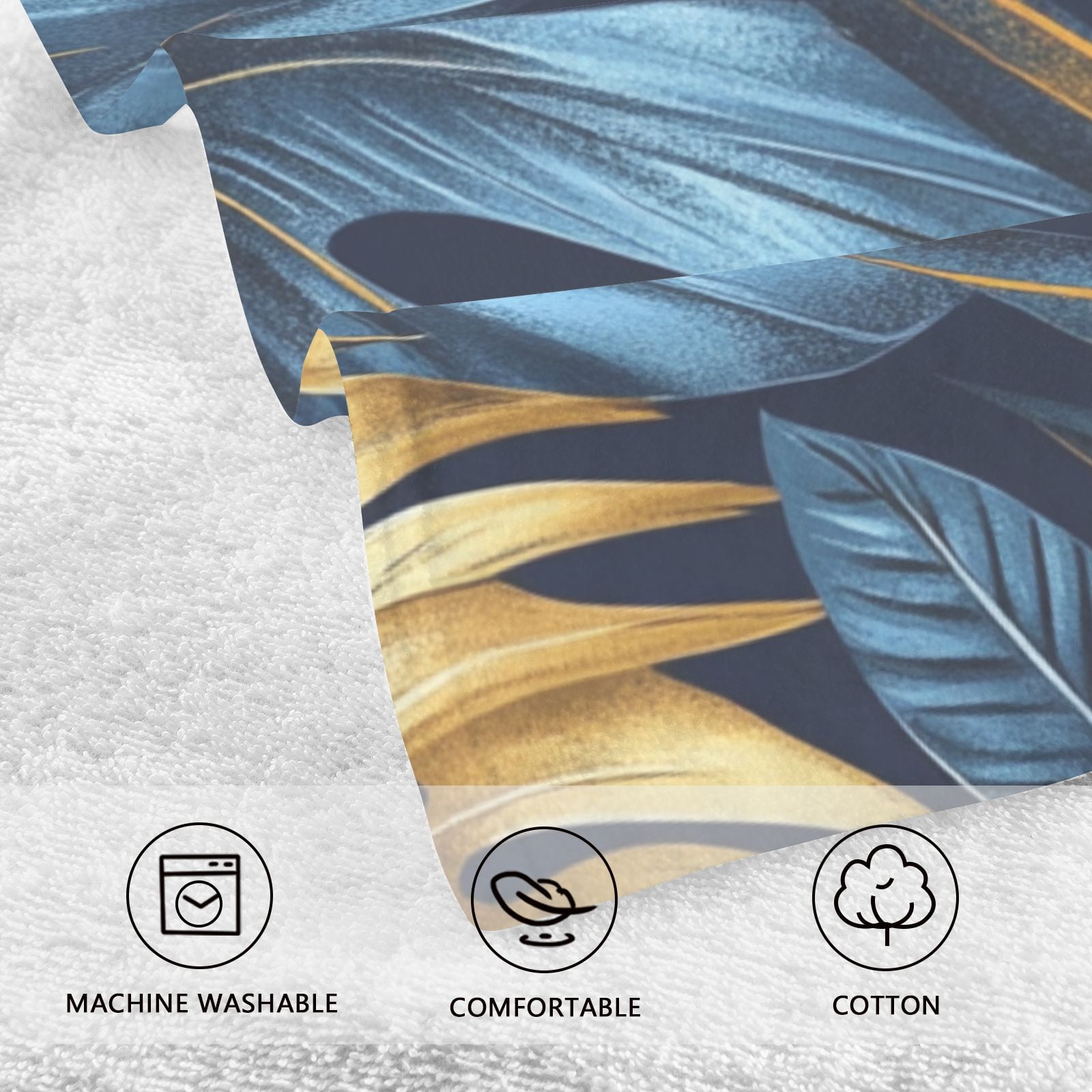Blue and Gold Leaves Hand Towels Cotton Bath Towels Large Face Towels Absorbent for Bathroom 2 Packs
