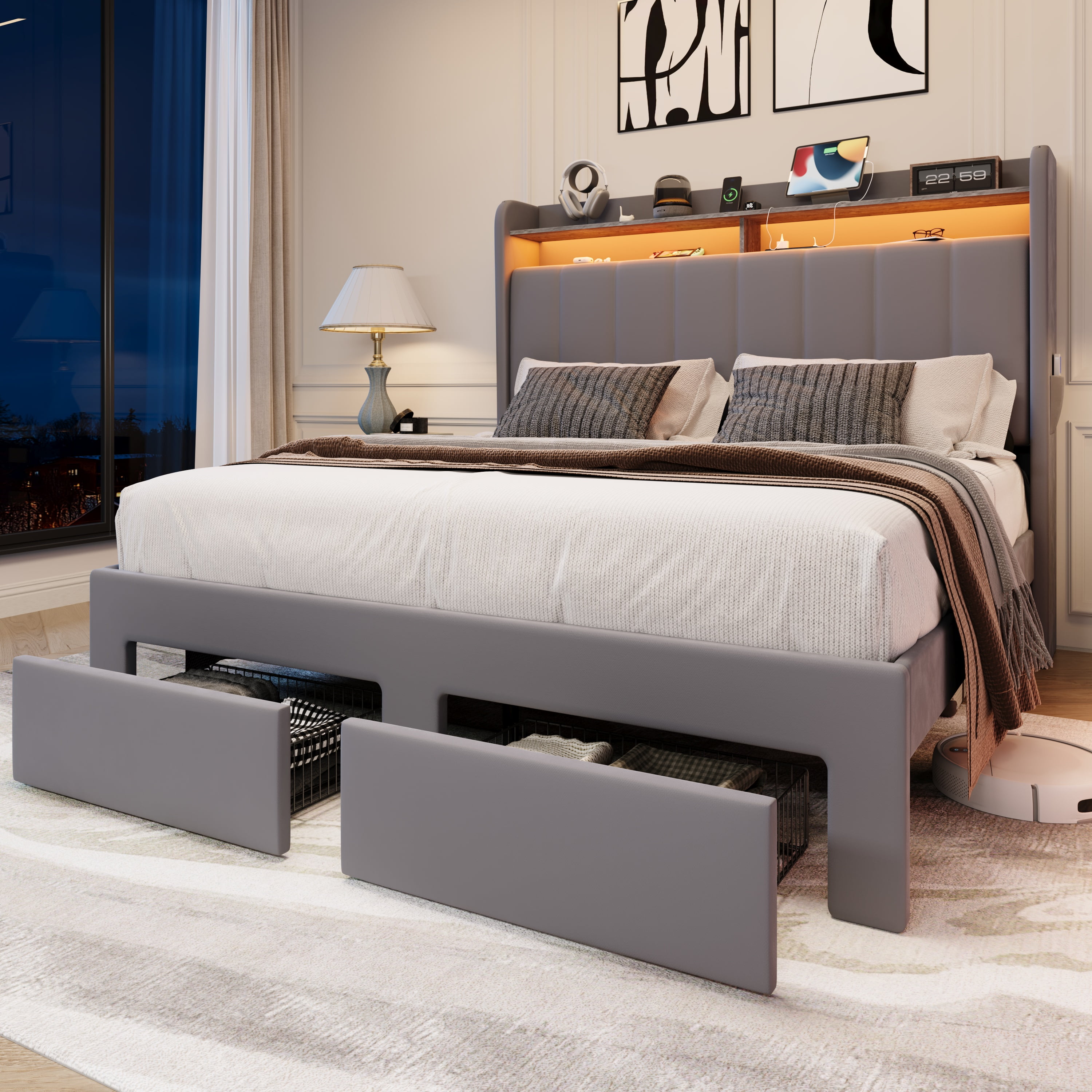 Amolife Queen Size Platform Bed Frame with 2-Tier LED Storage Velvet Wingback Headboard & 2 Storage Drawers, USB & Type-C Charging Ports, Light Grey