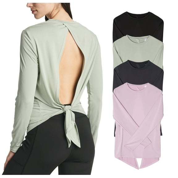 Real Essentials 4 Pack: Women's Dry-Fit Long-Sleeve Tie Back Open Back Athletic Workout T-Shirt (Available in Plus Size)